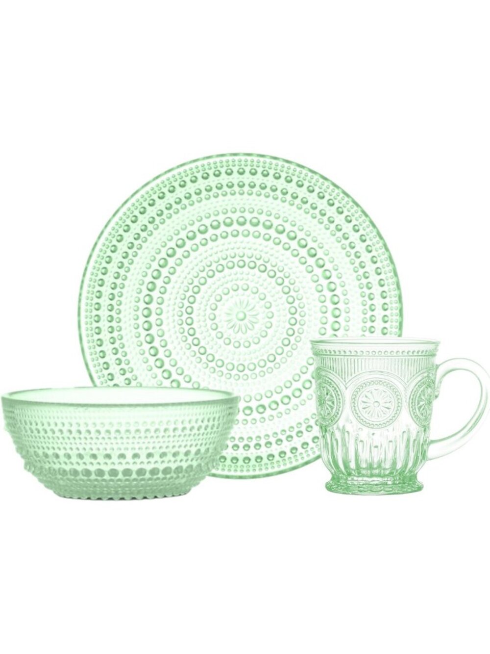 Vintage Green Glassware Set - 4 Coffee Cups, 4 Hobnail Bowls & Plates for